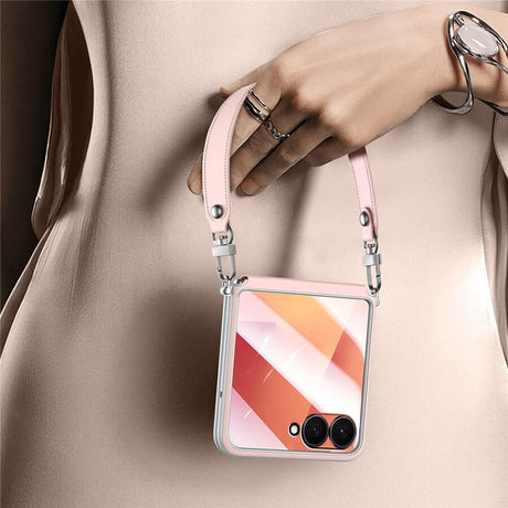Луксозен Калъф с Каишка за Samsung Z Flip 7, Sulada Leather Case, Розов (9)