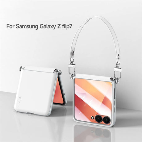 Луксозен Калъф с Каишка за Samsung Z Flip 7, Sulada Leather Case, Бял (2)