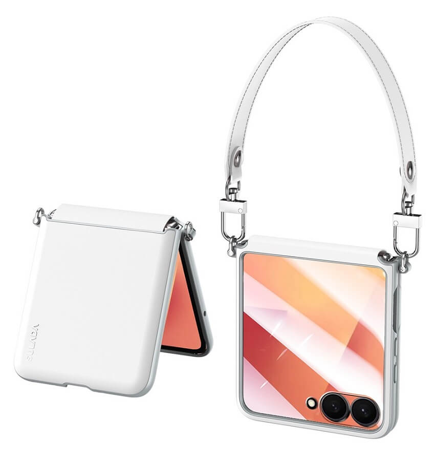 Луксозен Калъф с Каишка за Samsung Z Flip 7, Sulada Leather Case, Бял