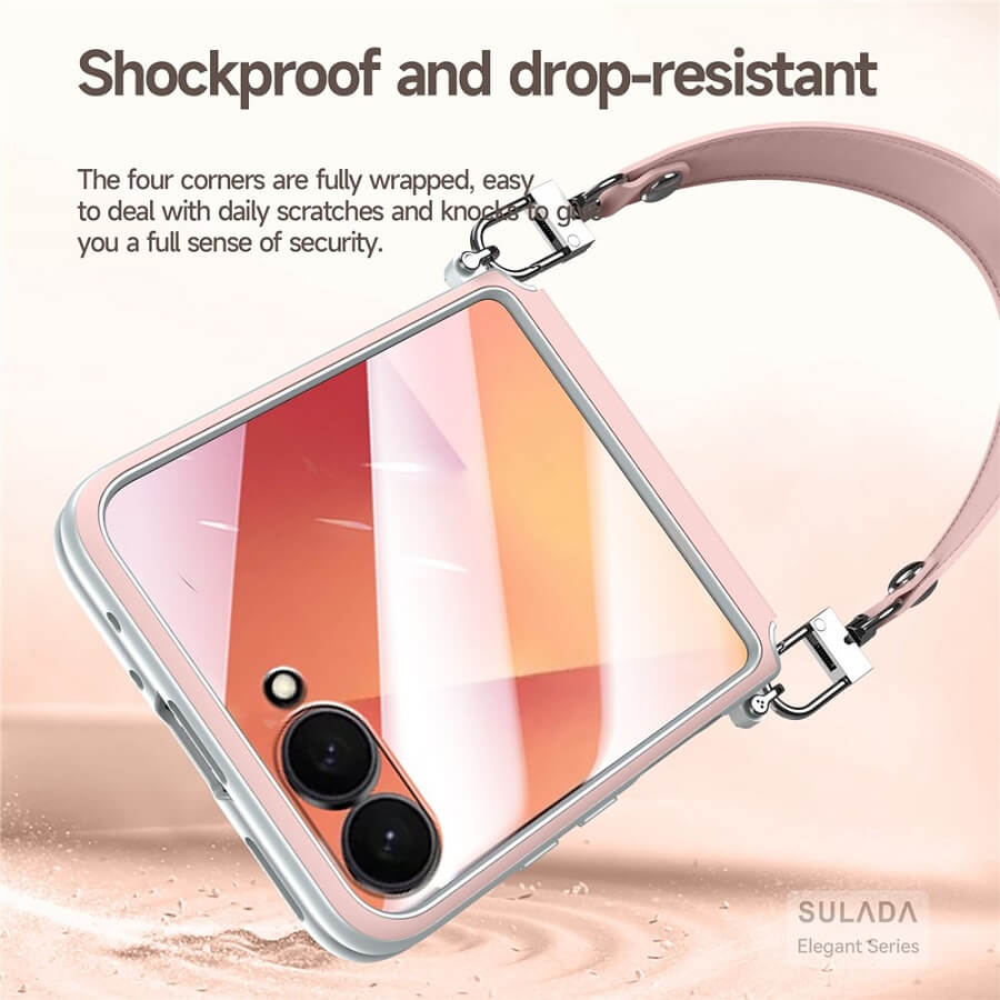 Луксозен Калъф с Каишка за Samsung Z Flip 7, Sulada Leather Case, Черен (6)