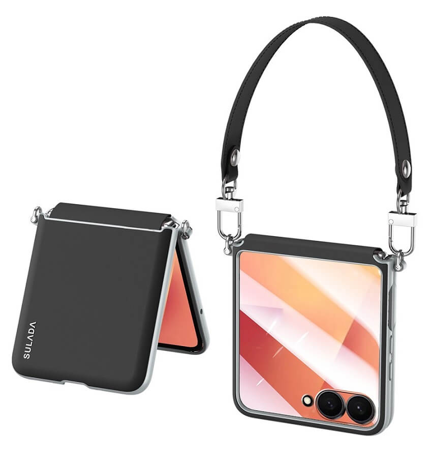 Луксозен Калъф с Каишка за Samsung Z Flip 7, Sulada Leather Case, Черен