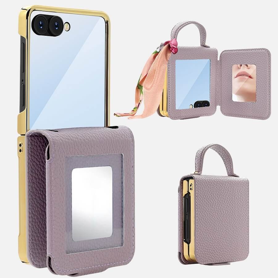 Луксозен Калъф с Огледало за Samsung Z Flip 7, PU Leather Case, Червен (8)