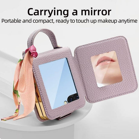 Луксозен Калъф с Огледало за Samsung Z Flip 7, PU Leather Case, Лилав (5)