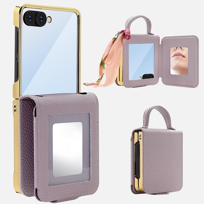 Луксозен Калъф с Огледало за Samsung Z Flip 7, PU Leather Case, Бежов (8)