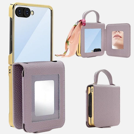 Луксозен Калъф с Огледало за Samsung Z Flip 7, PU Leather Case, Бежов (8)