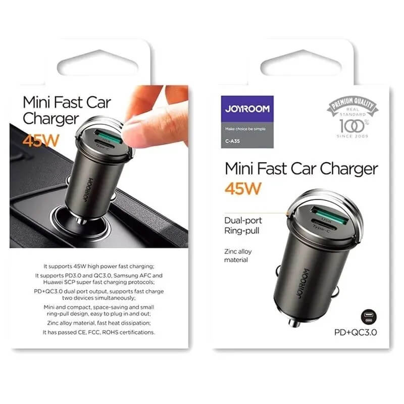 Зарядно за Кола USB-C/A, Joyroom 45W Mini Charger PD-QC3.0, Сив (8)