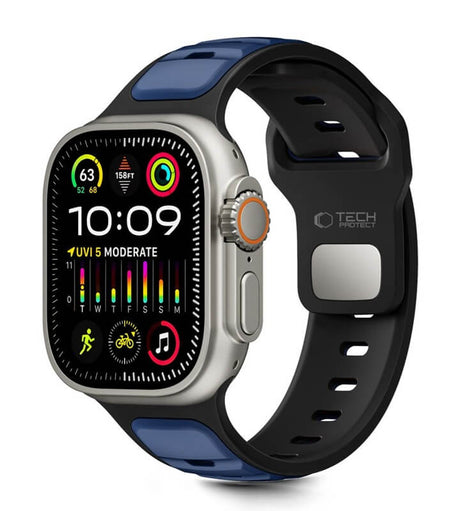 Силиконова Каишка за Apple Watch 44/ 45/ 46/ 49mm, Tech-Protect Iconband Line, Черен/Син