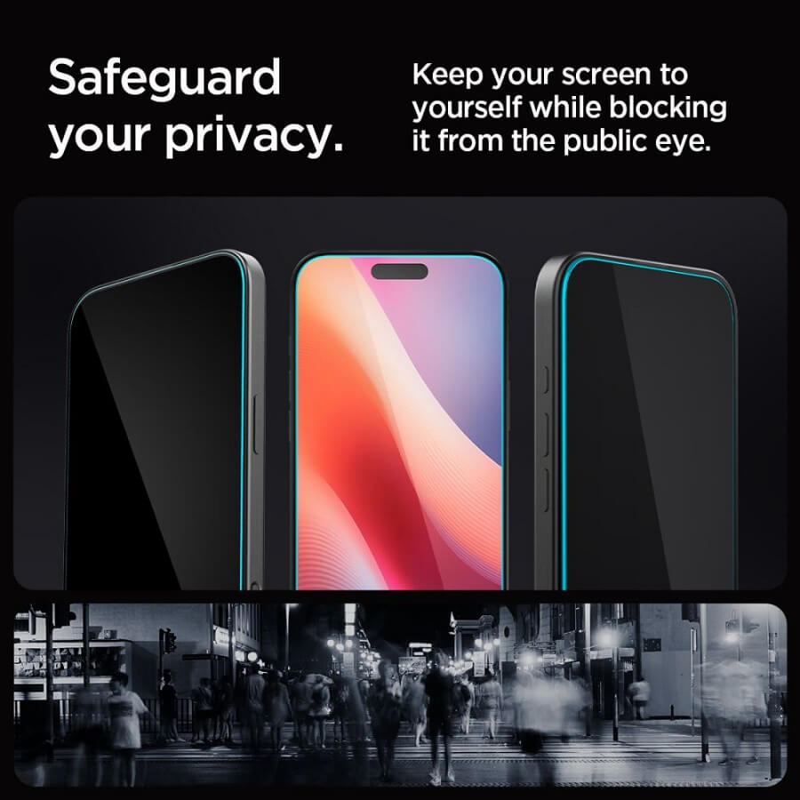 Затъмняващ Протектор за iPhone 17 Pro, Spigen Privacy Glass tR EZ Fit 2бр., Черен (6)