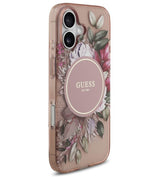 Дамски Калъф за iPhone 17, Guess IML Flowers Magsafe Strap Case, Розов (3)