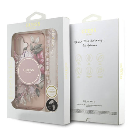 Дамски Калъф за iPhone 17, Guess IML Flowers Magsafe Strap Case, Розов (6)