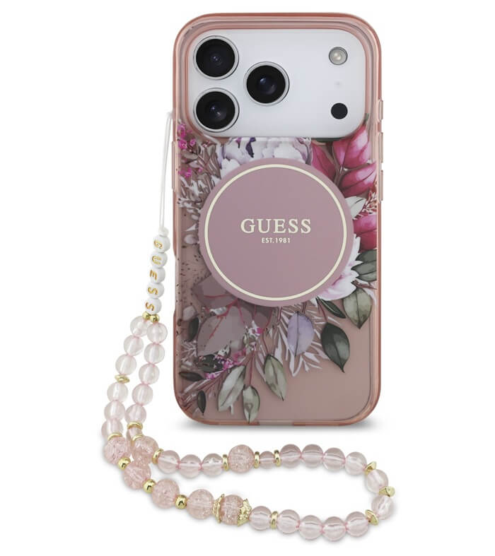 Дамски Калъф за iPhone 17 Pro, Guess IML Flowers Magsafe Strap Case, Розов