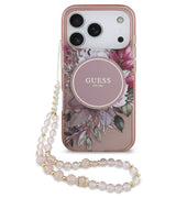 Дамски Калъф за iPhone 17 Pro, Guess IML Flowers Magsafe Strap Case, Розов