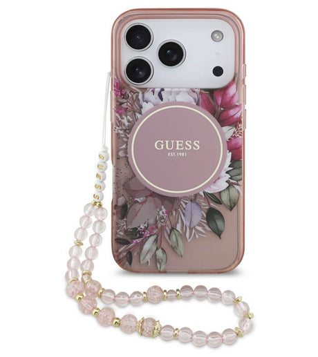 Дамски Калъф за iPhone 17 Pro, Guess IML Flowers Magsafe Strap Case, Розов