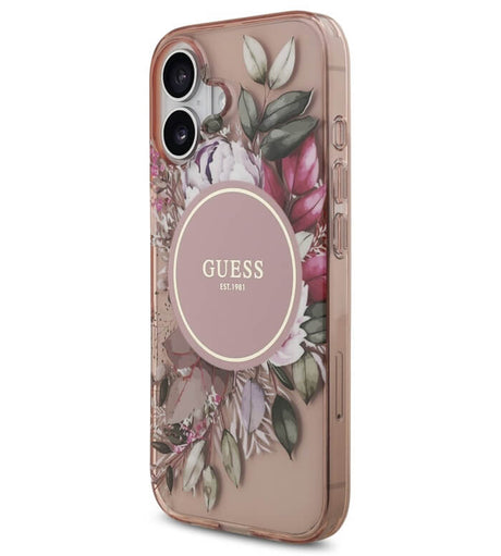 Дамски Калъф за iPhone 17, Guess IML Flowers Magsafe Strap Case, Розов (2)