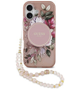 Дамски Калъф за iPhone 17, Guess IML Flowers Magsafe Strap Case, Розов