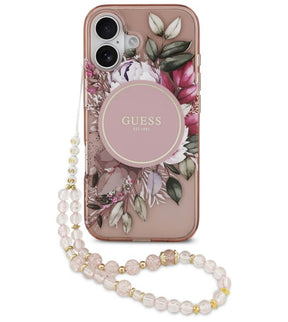 Дамски Калъф за iPhone 17, Guess IML Flowers Magsafe Strap Case, Розов