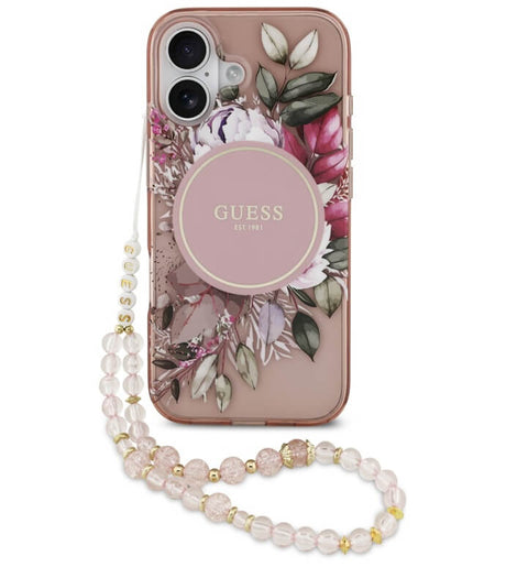 Дамски Калъф за iPhone 17, Guess IML Flowers Magsafe Strap Case, Розов