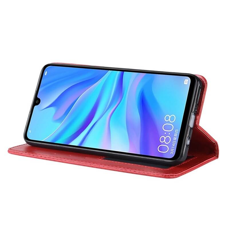 Калъф от Естествена Кожа за Huawei P30 Lite, Retro Leather Wallet Case, Червен (6)