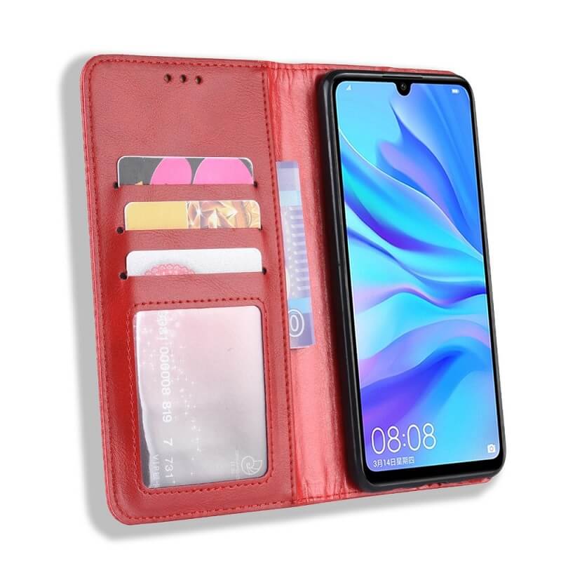 Калъф от Естествена Кожа за Huawei P30 Lite, Retro Leather Wallet Case, Червен (5)