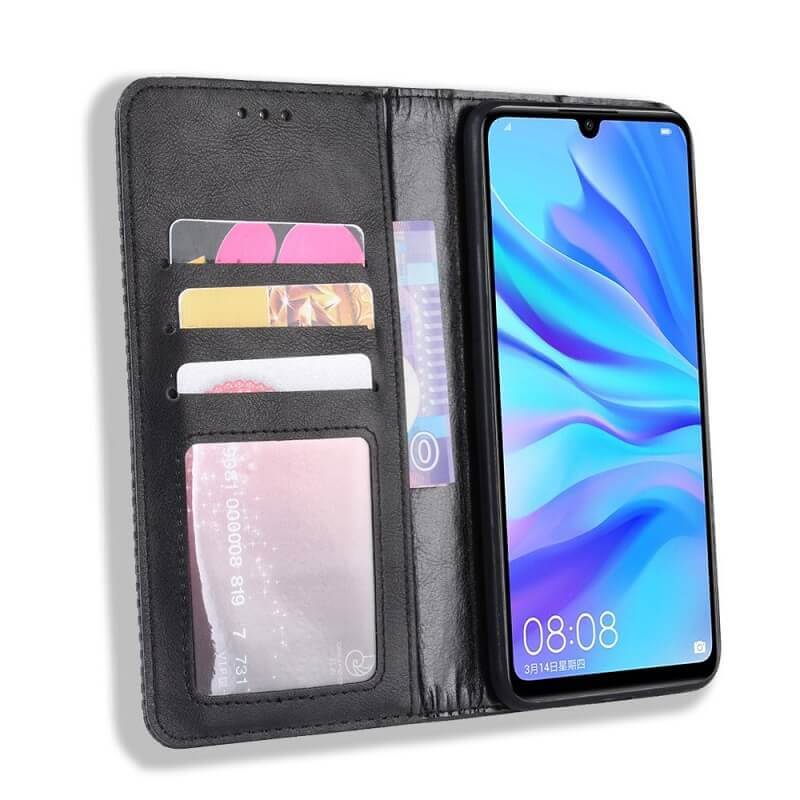 Калъф от Естествена Кожа за Huawei P30 Lite, Retro Leather Wallet Case, Черен (4)