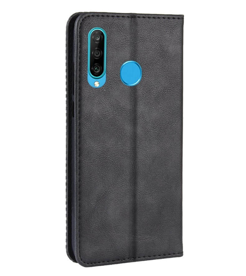 Калъф от Естествена Кожа за Huawei P30 Lite, Retro Leather Wallet Case, Черен (2)