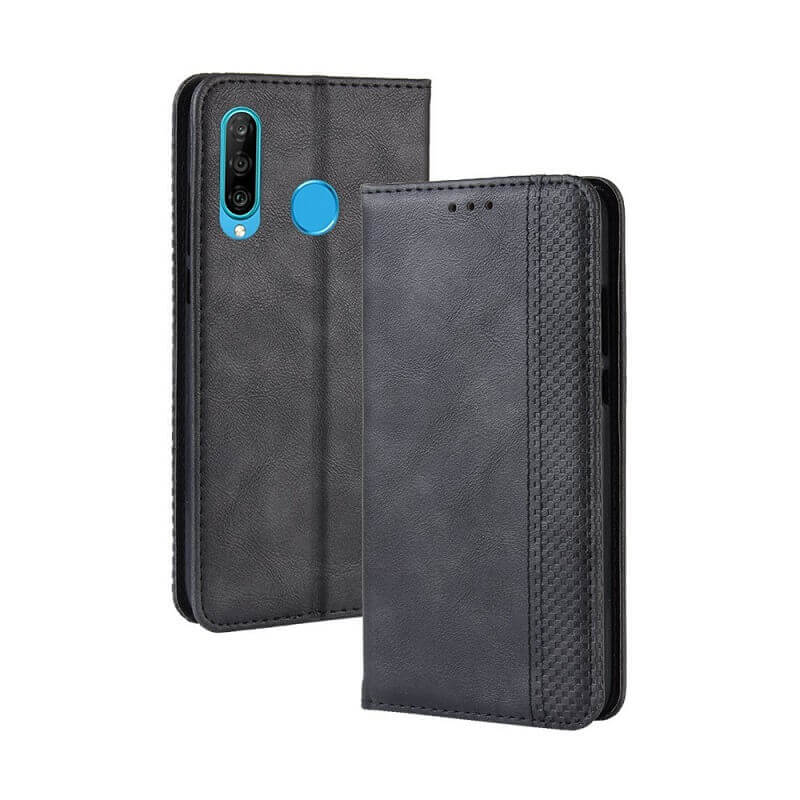 Калъф от Естествена Кожа за Huawei P30 Lite, Retro Leather Wallet Case, Черен (7)