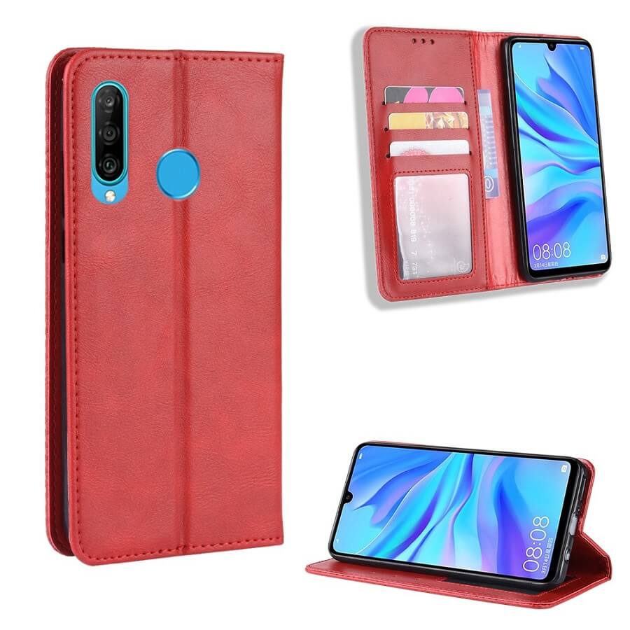 Калъф от Естествена Кожа за Huawei P30 Lite, Retro Leather Wallet Case, Червен (3)
