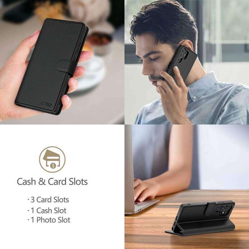 Кожен Калъф с Джобове за Samsung A17, Tech-Protect Wallet Book Case, Черен (4)