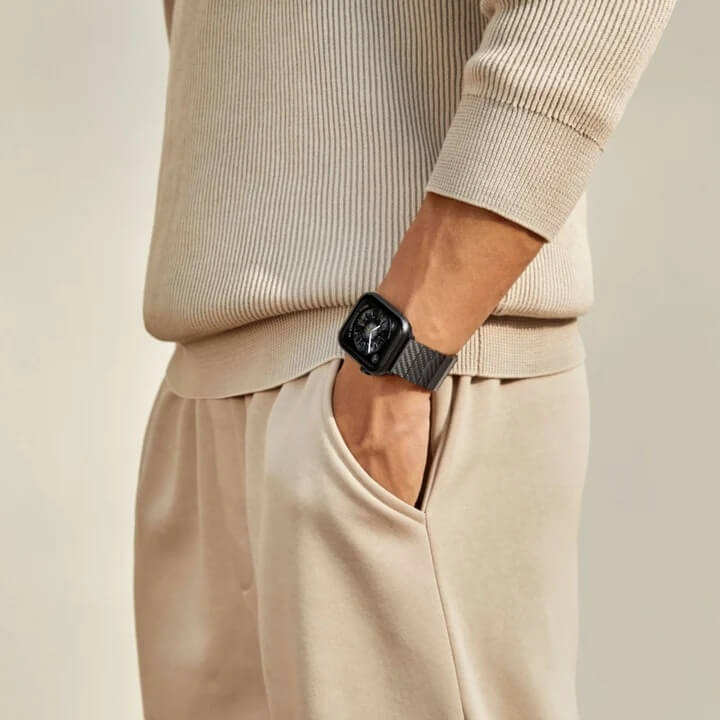 Кевларена Каишка за Apple Watch, Pitaka Carbon Fiber Watch Band Black/Gray, Черен (8)
