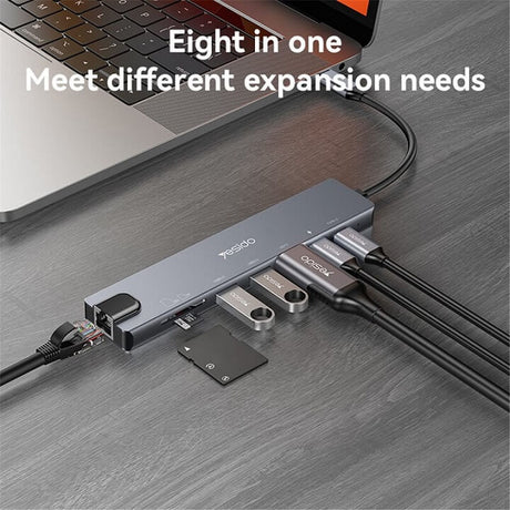 Хъб за Смартфони и Таблети с USB-C, Yesido HB27 8in1 HDMI-USB2.0-USB 3.0-SD Card Reader, Черен (2)