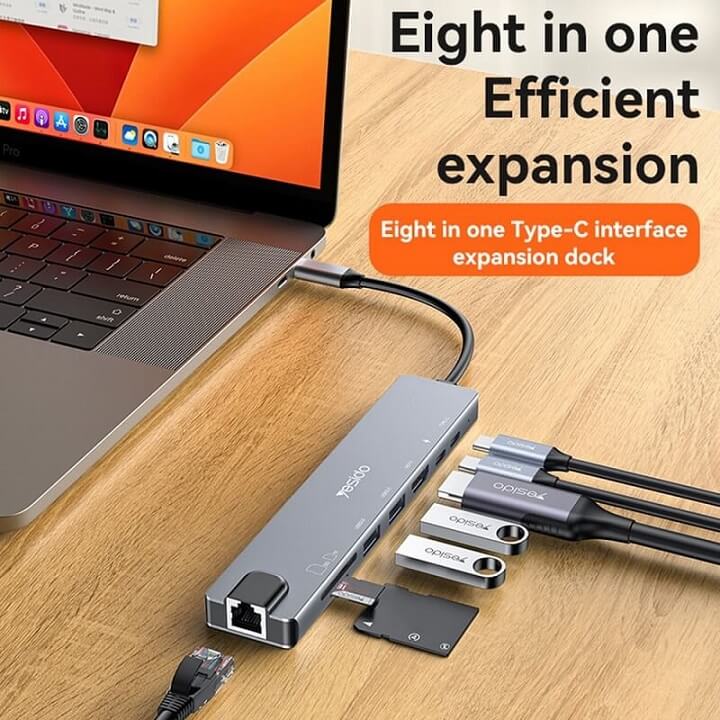Хъб за Смартфони и Таблети с USB-C, Yesido HB27 8in1 HDMI-USB2.0-USB 3.0-SD Card Reader, Черен (5)