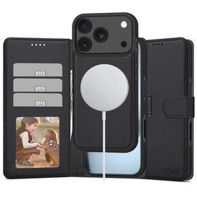 Magsafe Кожен Калъф с Джобове за iPhone 17 Pro, Tech-Protect Wallet Book Case, Черен