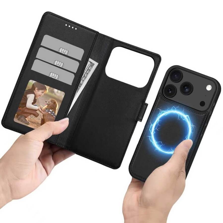 Magsafe Кожен Калъф с Джобове за iPhone 17 Pro, Tech-Protect Wallet Book Case, Черен (2)