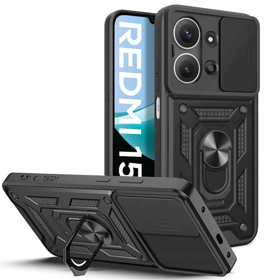 Калъф с Предпазител за Камера и Стойка за Xiaomi Redmi 15C 4G, Tech-Protect CamShield Pro Case, Черен