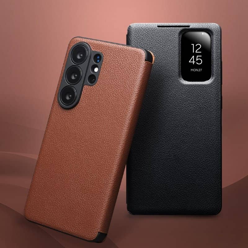 Активен Кожен Калъф за Samsung S26 Ultra, Qialino Smart View Book Case, Кафяв (9)