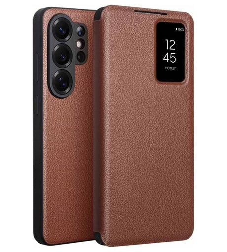 Активен Кожен Калъф за Samsung S26 Ultra, Qialino Smart View Book Case, Кафяв