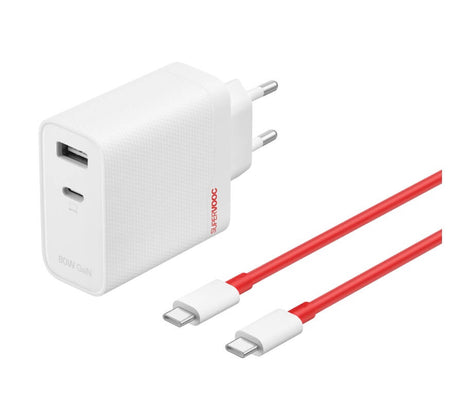 Оригинално Зарядно с Кабел, OnePlus SuperVooc 80W Dual Ports GaN Power Adapter Kit Charger, Бял