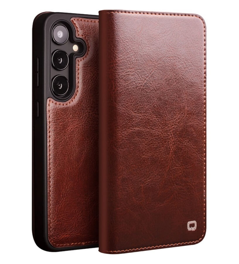 Кожен Калъф за Samsung S25, Qialino Book Case, Кафяв