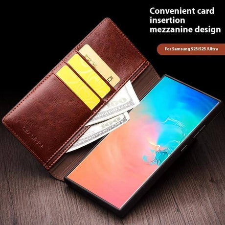 Кожен Калъф за Samsung S25, Qialino Book Case, Кафяв (3)