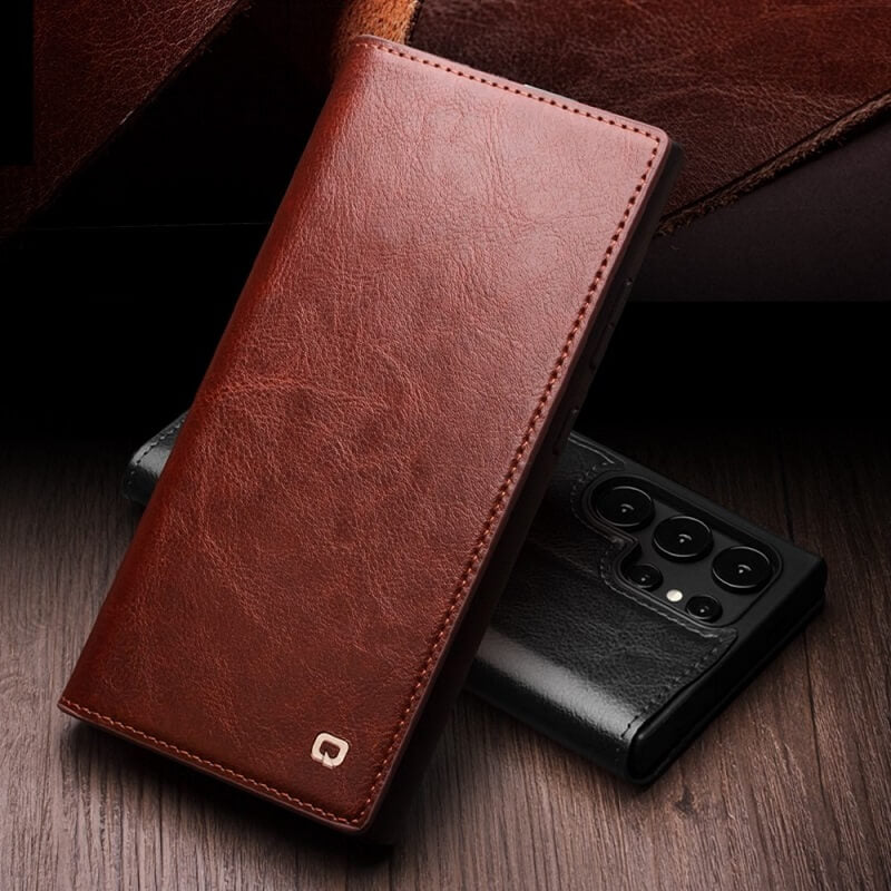 Кожен Калъф за Samsung S25 Ultra, Qialino Book Case, Кафяв (7)