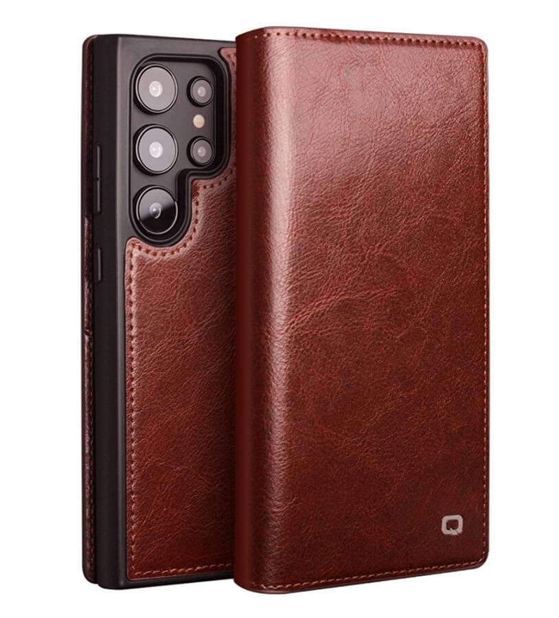 Кожен Калъф за Samsung S25 Ultra, Qialino Book Case, Кафяв
