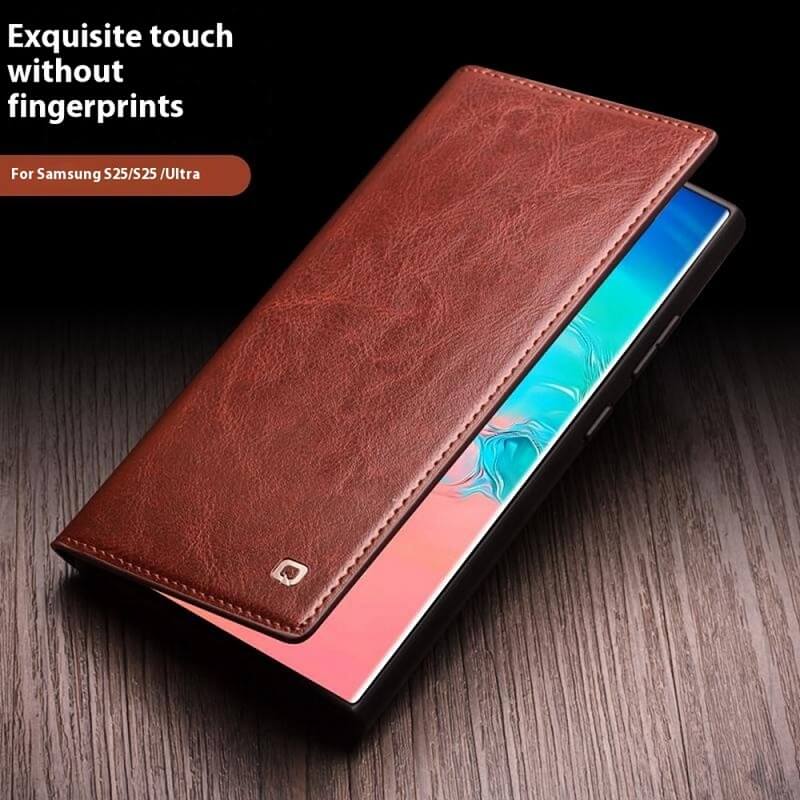 Кожен Калъф за Samsung S25 Ultra, Qialino Book Case, Кафяв (4)