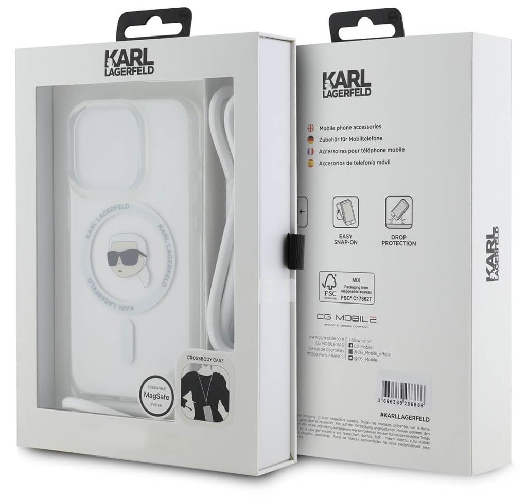 Magsafe Калъф с Връзка за iPhone 15 Pro, Karl Lagerfeld IML Crossbody Karl Head Case, Прозрачен (4)