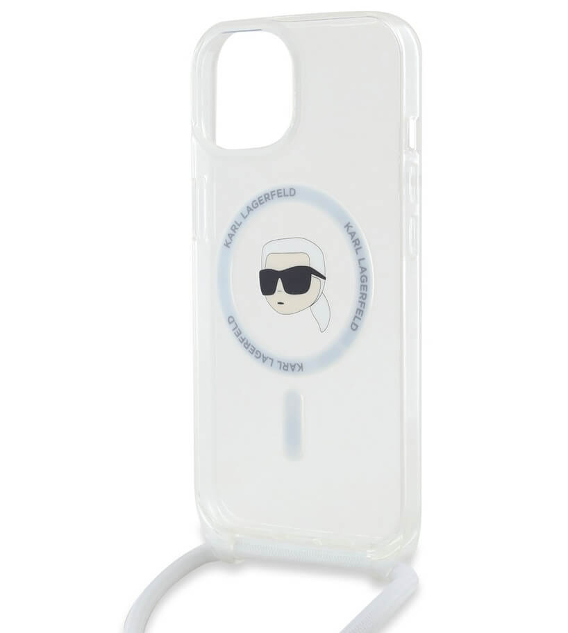 Magsafe Калъф с Връзка за iPhone 15, Karl Lagerfeld IML Crossbody Karl Head Case, Прозрачен (3)
