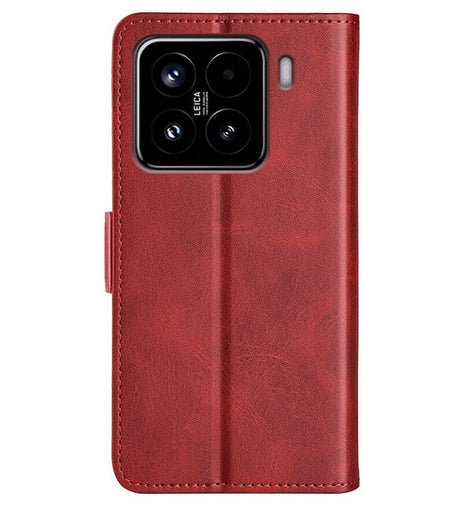 Кожен Калъф с Джобове за Xiaomi 15, Wallet Book Case, Червен (2)