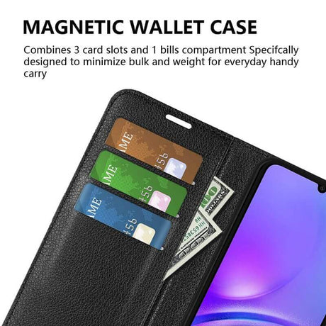 Кожен Калъф с Джобове за Samsung A06, Wallet Book Case, Черен (6)