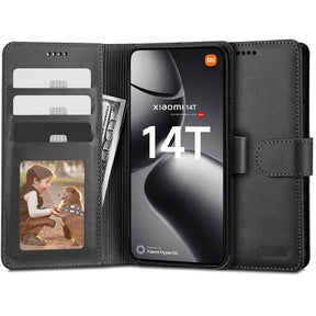 Кожен Калъф с Джобове за Xiaomi 14T Pro, Tech-Protect Wallet Book Case, Черен