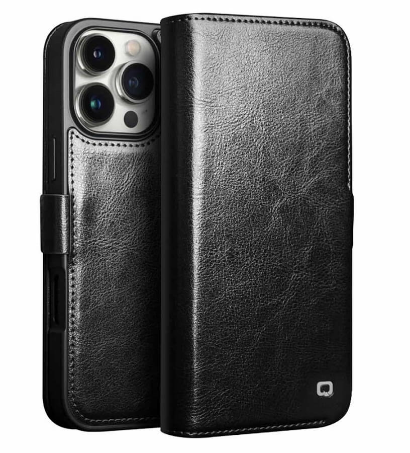 Кожен Калъф за iPhone 16 Pro, Qialino Book Case, Черен