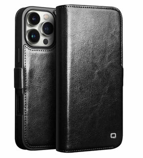 Кожен Калъф за iPhone 16 Pro, Qialino Book Case, Черен