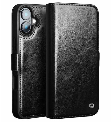Кожен Калъф за iPhone 16, Qialino Book Case, Черен